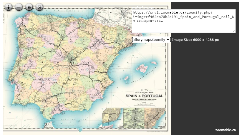 Zoomable Map of the railway network in Spain and Portugal. Embed Code is shown at the top right corner.